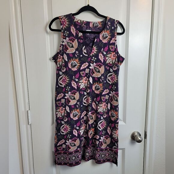 LANDS' END Floral Split Neck Dress - Picture 1 of 9